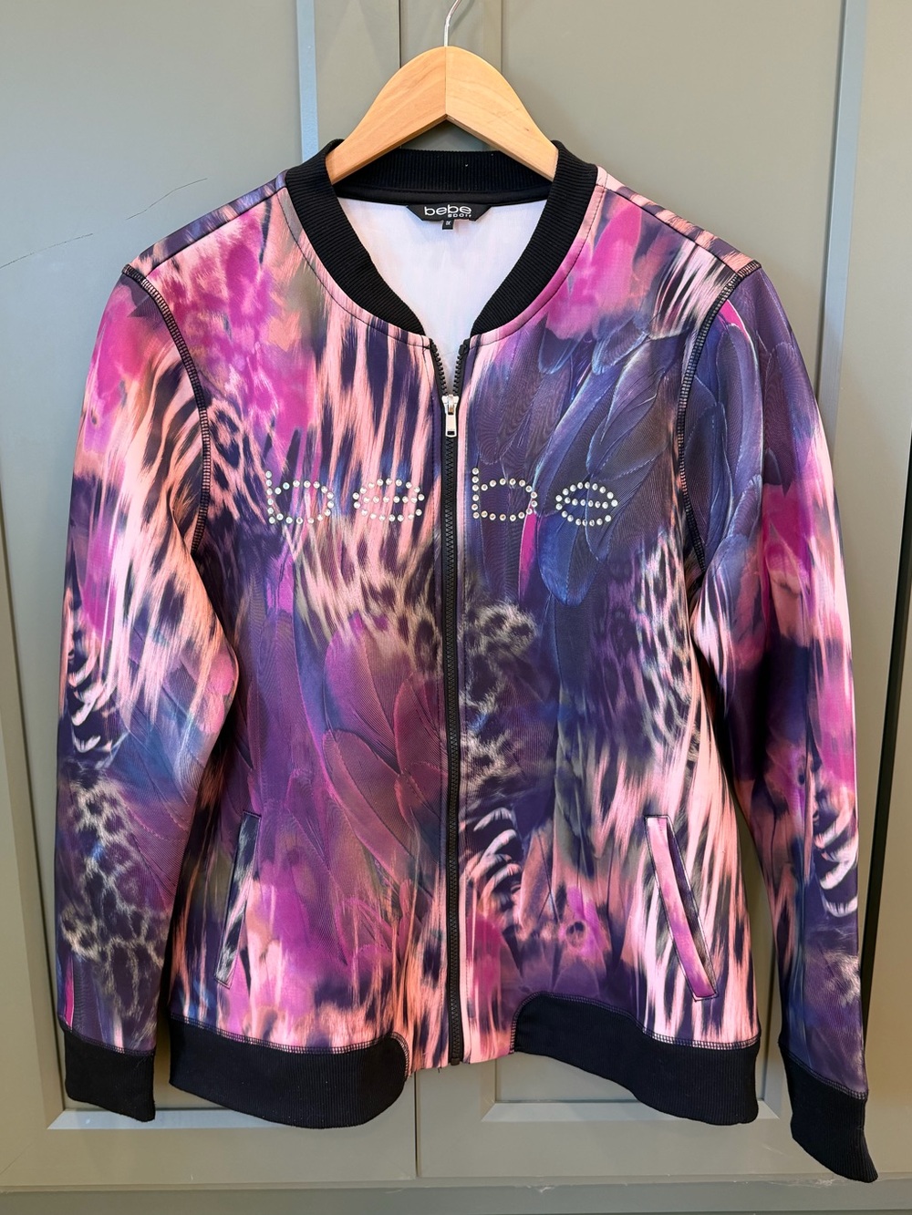 Bebe Pink & Purple Amimal Print Rhinestone Zipper Jacket